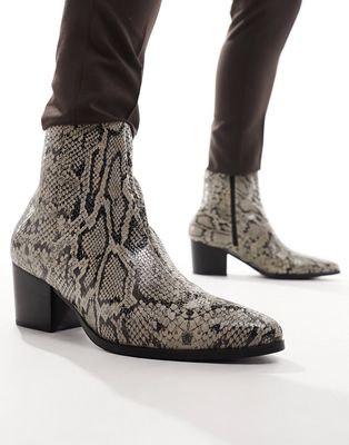 ASOS DESIGN heeled chelsea boots in snake print faux leather-Gray