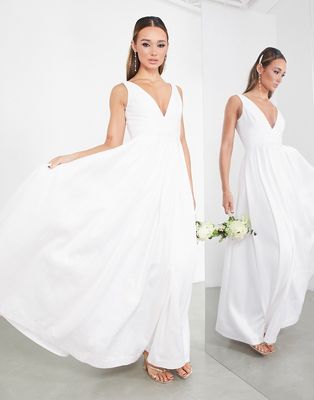 ASOS DESIGN Henrietta plunge waisted wedding dress with full skirt in ivory-White