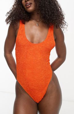 ASOS DESIGN High Leg Smocked One-Piece Swimsuit in Orange