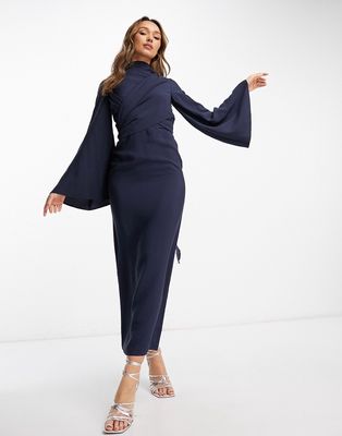ASOS DESIGN high neck maxi dress with wrap waist and fluted sleeve in navy