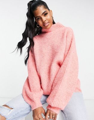 ASOS DESIGN high neck sweater in fluffy yarn in pink-Red