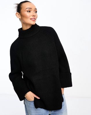 ASOS DESIGN high neck sweater with turn back cuff in long and lean block in black