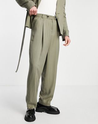 ASOS DESIGN high waist balloon suit pants in olive herringbone-Green