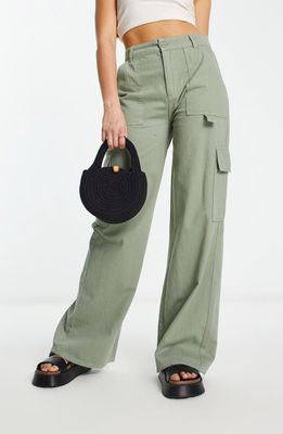 ASOS DESIGN High Waist Straight Leg Nonstretch Denim Cargo Pants in Light Green