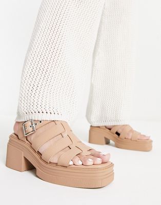 ASOS DESIGN Highway chunky mid heeled sandals in beige-Neutral