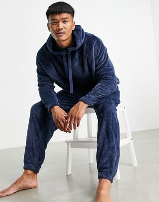 ASOS DESIGN hoodie & sweatpants pajama set in fleece-Navy