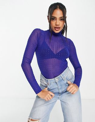 ASOS DESIGN hotfix crystal stud mesh bodysuit in blue-Pink
