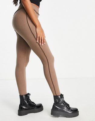 ASOS DESIGN Hourglass exclusive ribbed legging with exposed seam in brown - part of a set