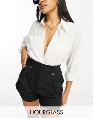 ASOS DESIGN Hourglass mom short with waist tabs with linen in black