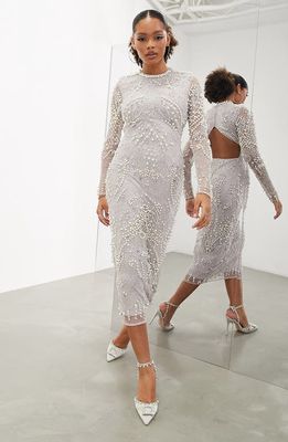 ASOS DESIGN Imitation Pearl & Crystal Long Sleeve Midi Dress in Grey