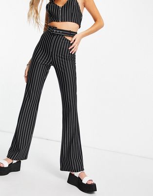 ASOS DESIGN jersey 00s suit flare pants with cut out detail in pinstripe-Multi