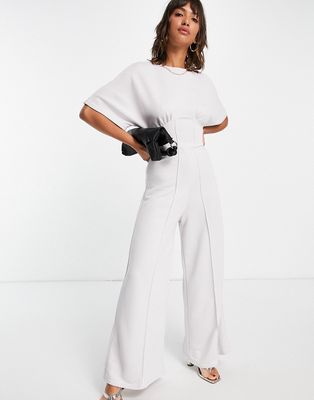 ASOS DESIGN jersey corset waist wide leg jumpsuit in pale gray-White