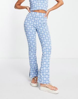 ASOS DESIGN jersey suit flare pants with side split in daisy checkerboard-Multi