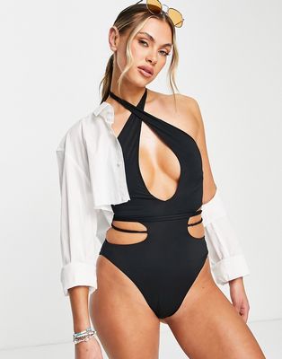 ASOS DESIGN key hole cross neck cut out swimsuit in black
