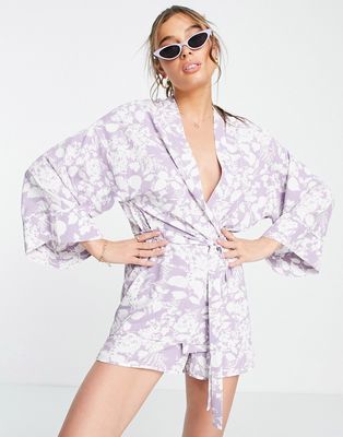 ASOS DESIGN kimono with tie in white & purple floral outline print-Multi