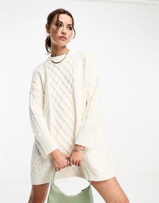ASOS DESIGN knit cable mini sweater dress in cream-White