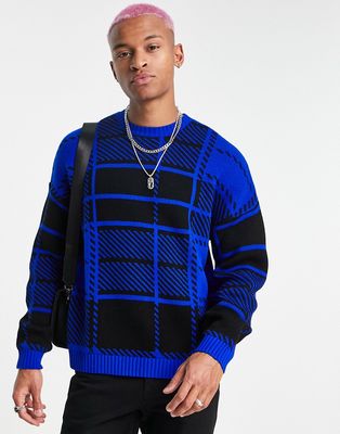 ASOS DESIGN knit check sweater in blue & black