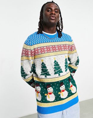 ASOS DESIGN knit Christmas sweater with fairisle snowman design-Multi