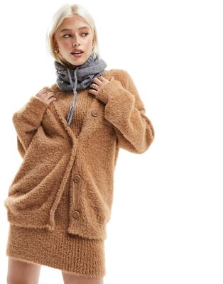 ASOS DESIGN knit fluffy cardigan in camel - part of a set-Neutral