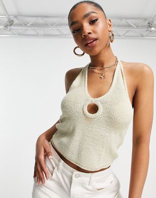 ASOS DESIGN knit halter neck top with ring detail in stone-Neutral