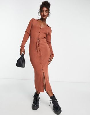 ASOS DESIGN knit midi dress with open collar and tie waist in brown