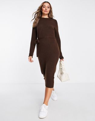 ASOS DESIGN knit midi dress with tie waist in brown