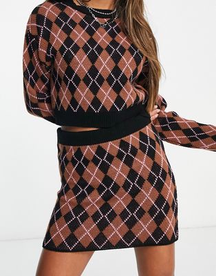 ASOS DESIGN knit mini skirt in argyle pattern in brown - part of a set
