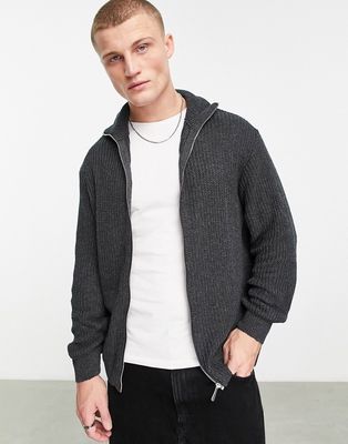 ASOS DESIGN knit oversized fisherman rib zip up sweater in charcoal-Gray
