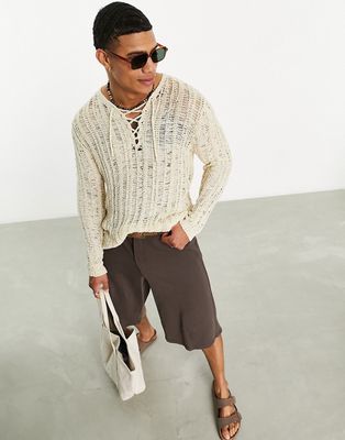 ASOS DESIGN knit sweater with open stitch and lace up detail in sand-Neutral