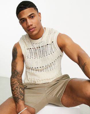 ASOS DESIGN knit tank with open ladder stitch in stone-Neutral