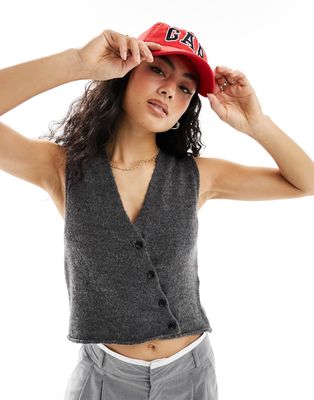 ASOS DESIGN knit vest with asymmetric button front in charcoal-Gray