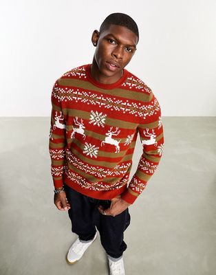 ASOS DESIGN knitted Christmas sweater with orange fairisle stag pattern-Green