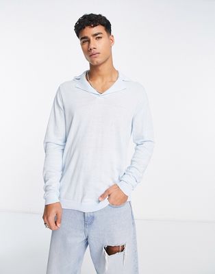 ASOS DESIGN knitted cotton revere polo sweater in light blue