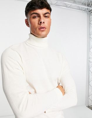 ASOS DESIGN knitted cotton roll neck sweater in ecru-White