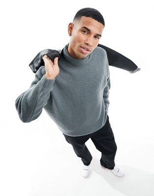 ASOS DESIGN knitted fluffy roll neck sweater in charcoal-Gray