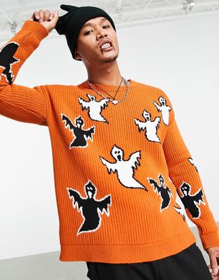ASOS DESIGN knitted halloween sweater with ghosts-Orange
