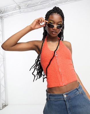 ASOS DESIGN knitted halter top with zip neck detail in textured yarn in red