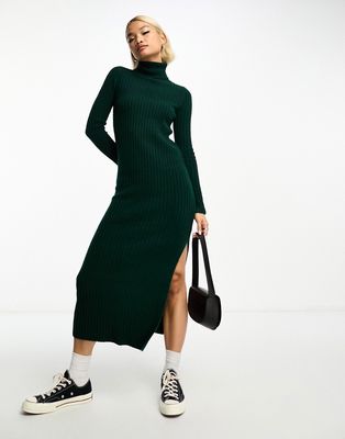ASOS DESIGN knitted maxi dress with high neck and side split in dark green