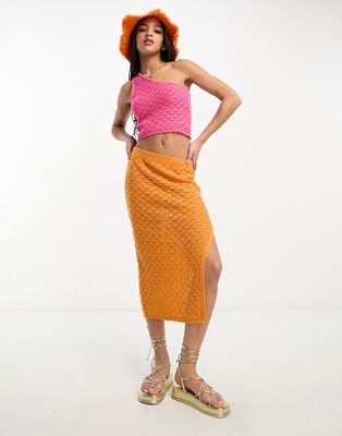 ASOS DESIGN knitted midi skirt in wave stitch in orange - part of a set