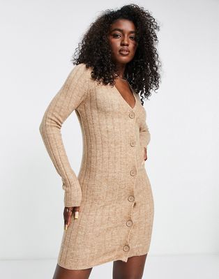 ASOS DESIGN knitted mini dress with button through detail in taupe-Neutral