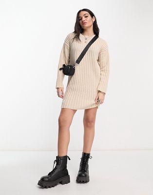 ASOS DESIGN knitted mini sweater dress in rib in oatmeal-Neutral