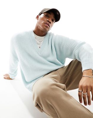 ASOS DESIGN knitted relaxed fisherman rib sweater with V-neck in blue