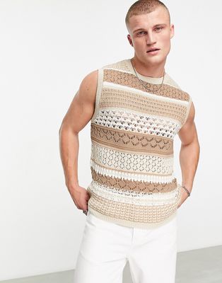 ASOS DESIGN knitted textured vest in beige-Neutral