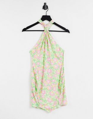 ASOS DESIGN knot halter mini dress with split in 70s floral print-Multi