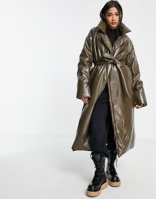 ASOS DESIGN leather look longline puffer coat with belt in brown - BROWN