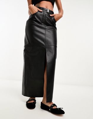ASOS DESIGN leather maxi skirt with front split in black