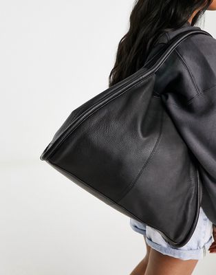 ASOS DESIGN leather tote bag with tubular piping in black
