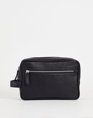 ASOS DESIGN leather wash bag with double compartment in black