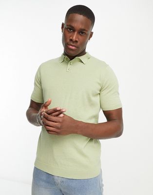 ASOS DESIGN lightweight knitted cotton polo in khaki-Green