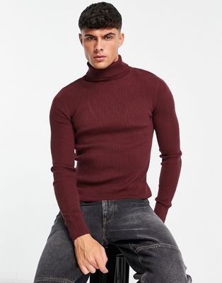 ASOS DESIGN lightweight rib sweater with roll neck in burgundy-Red